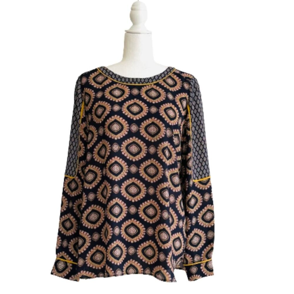 Chelsea & Theodore Blouse Top Navy Medallion Print Boat Neck Long Sleeve Large